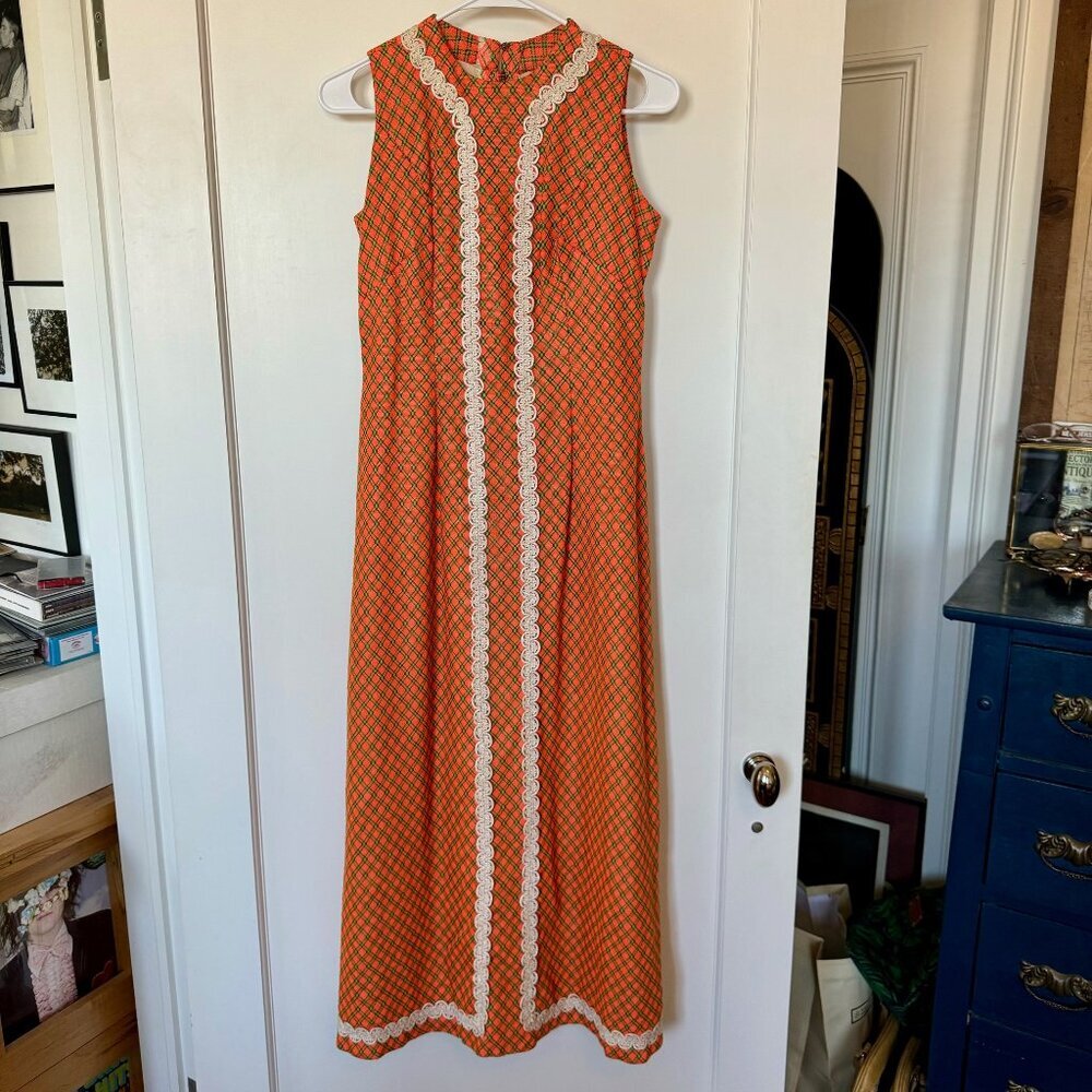 Vintage Orange Plaid Maxi Dress